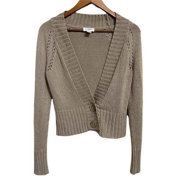 LOFT Women's Tan Chunky Knit Ribbed Perforated Y2K Button Cropped Cardigan Small - Picture 1 of 6
